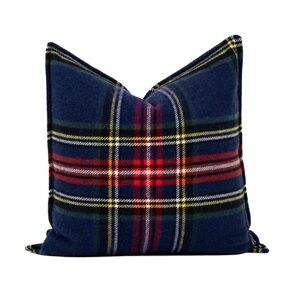 ‘Navy Stewart Tartan’ Plaid Throw Pillow Cover 100% Merino Wool 20x20” (1-Count)